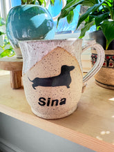 Load image into Gallery viewer, Custom Name Dachshund Mug - Creamy White over Speckled Stoneware 16oz
