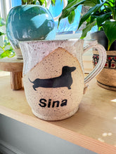 Load image into Gallery viewer, Custom Name Dachshund Mug - Creamy White over Speckled Stoneware 16oz