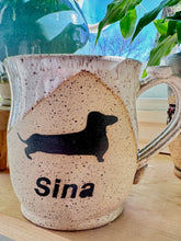 Load image into Gallery viewer, Custom Name Dachshund Mug - Creamy White over Speckled Stoneware 16oz
