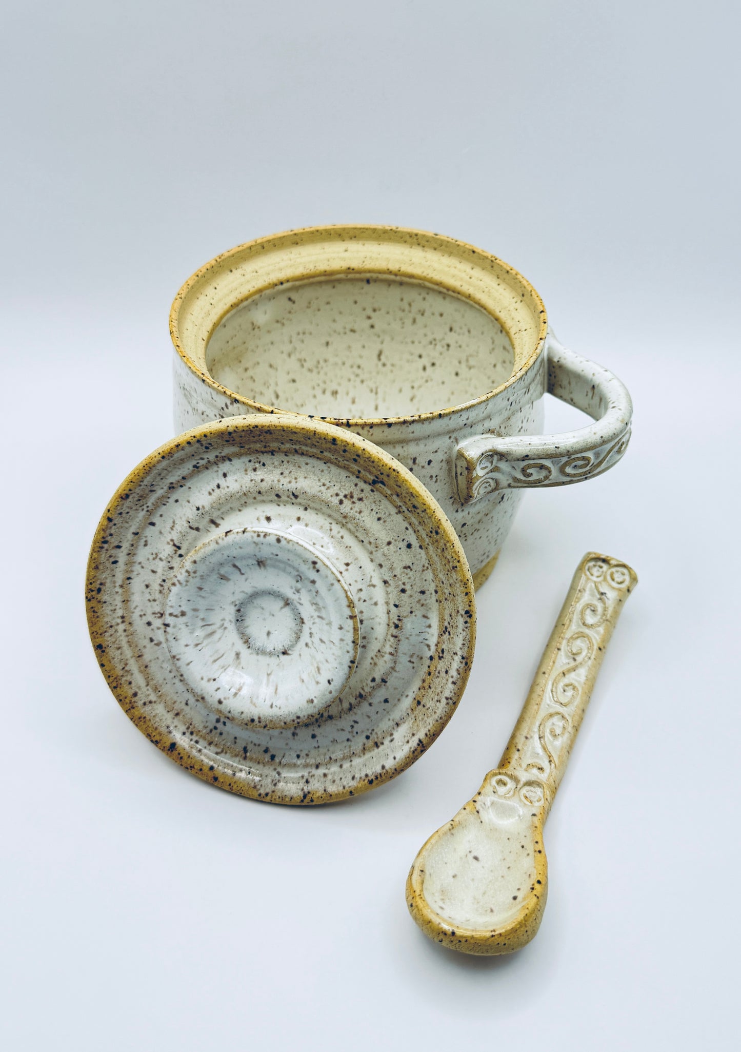 Sugar Pot with Lid and Spoon - White Speckle