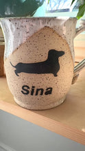Load and play video in Gallery viewer, Custom Name Dachshund Mug - Creamy White over Speckled Stoneware 16oz
