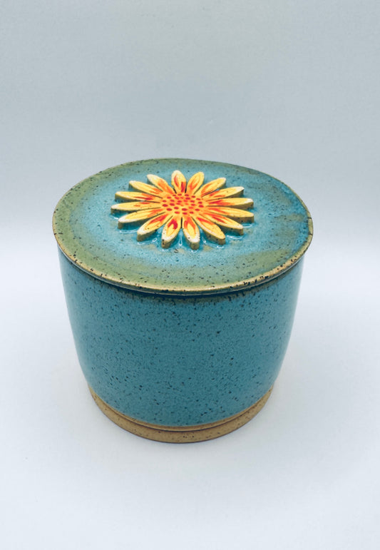 Butter Crock - Sunflower on Turquoise Speckle