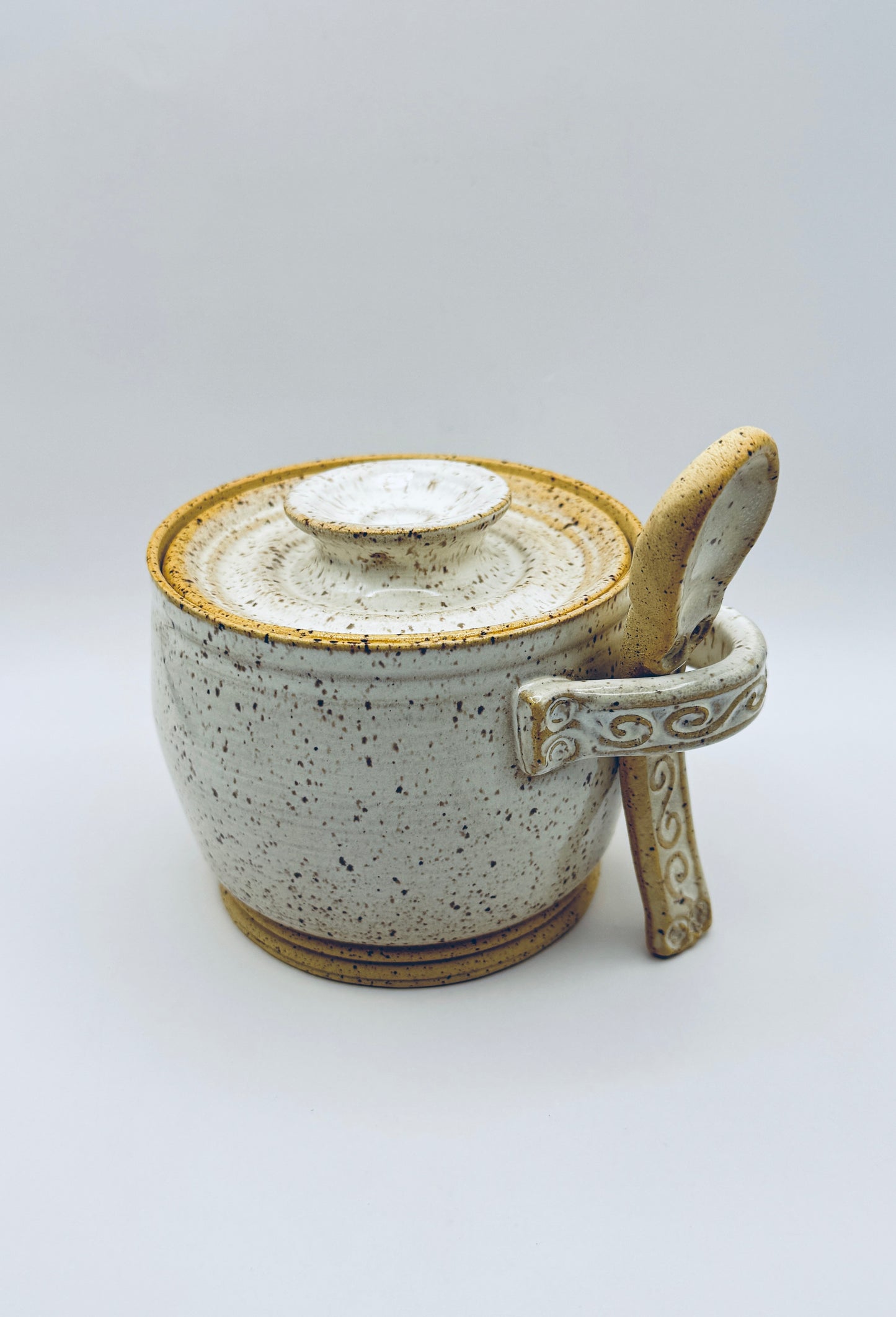 Sugar Pot with Lid and Spoon - White Speckle