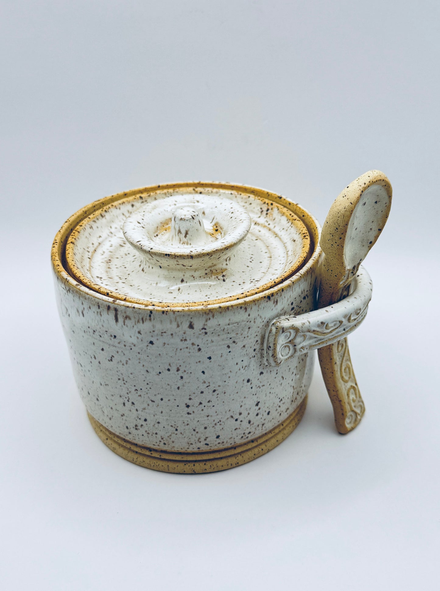 Sugar Pot with Lid and Spoon - White Speckle