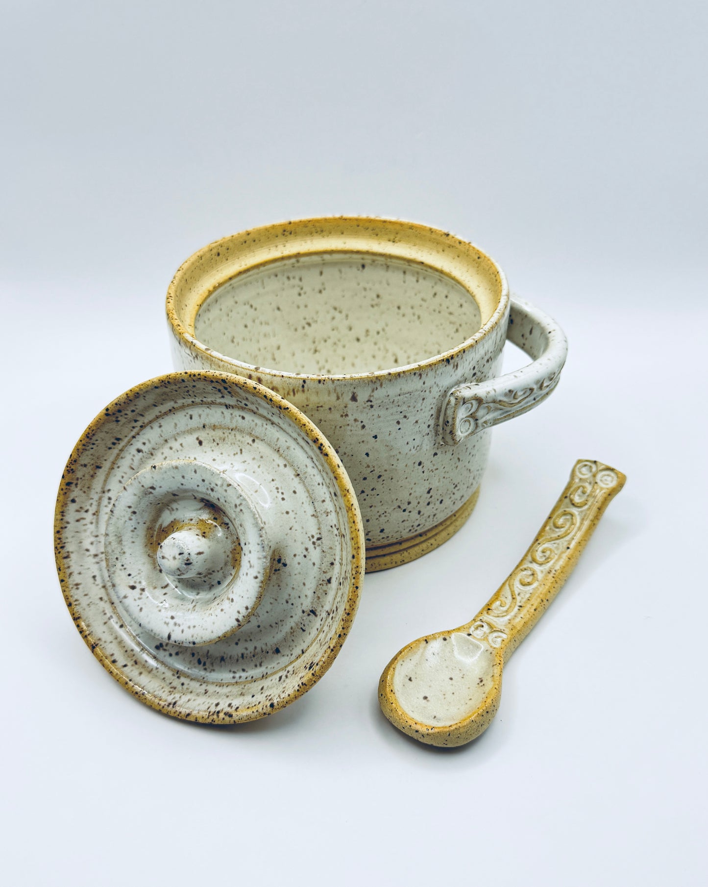 Sugar Pot with Lid and Spoon - White Speckle