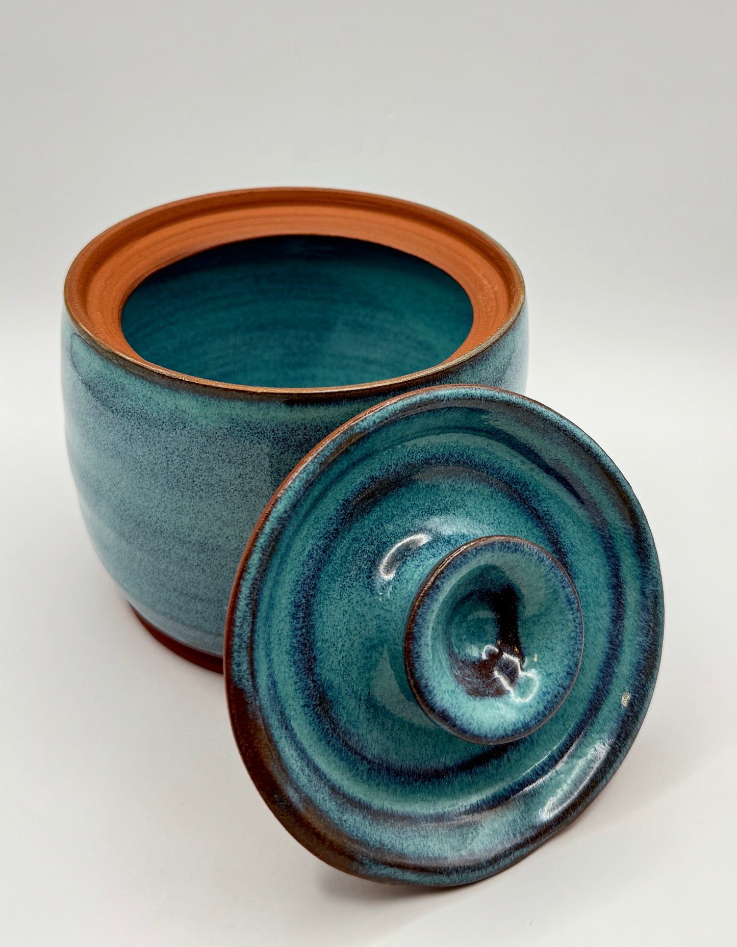 Sugar Pot with Lid - Turquoise over Red Clay